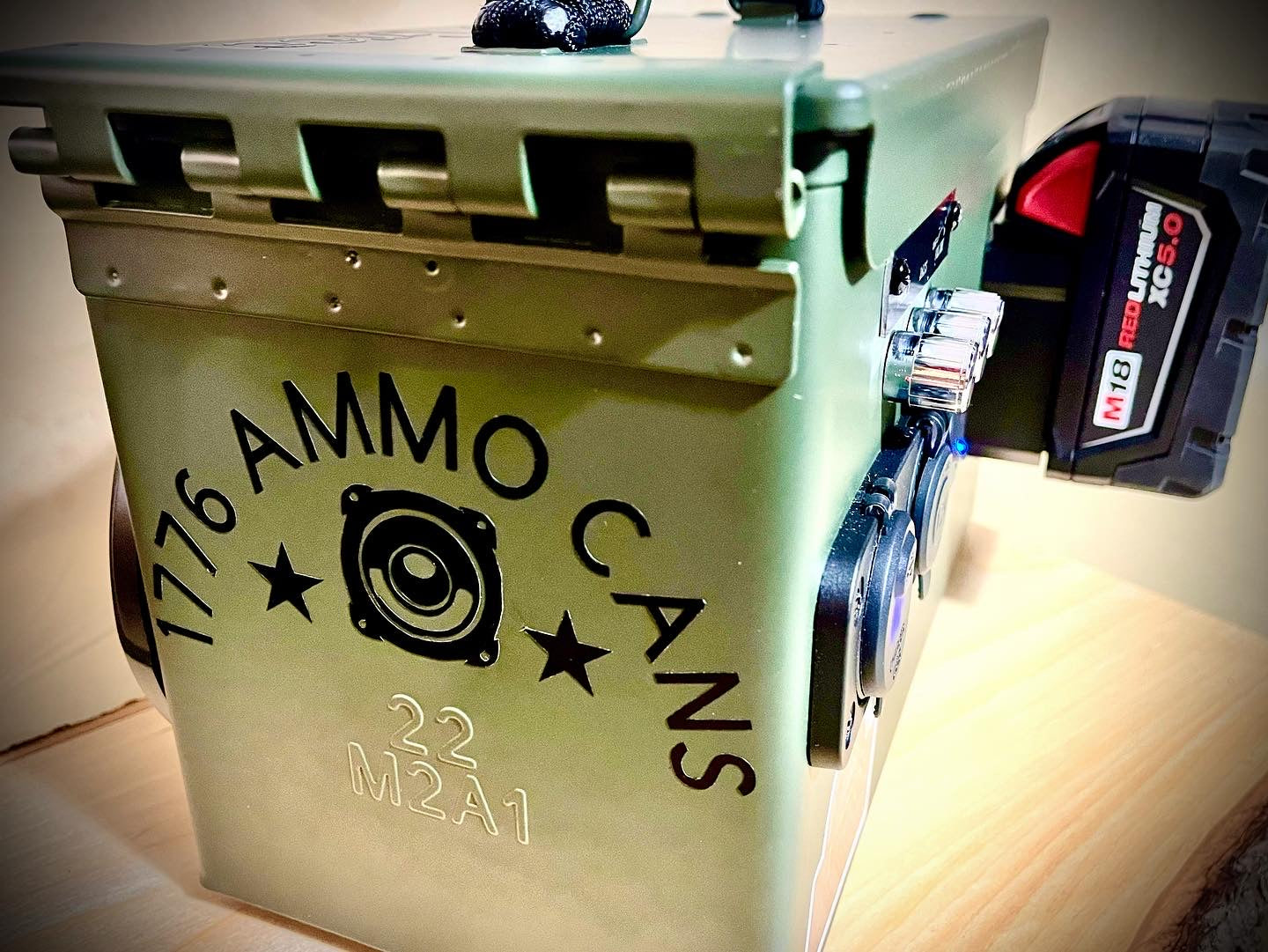 50 CAL AMMO CAN BLUETOOTH SPEAKER IN AMMO CAN GREEN with Custom Logo $280.00