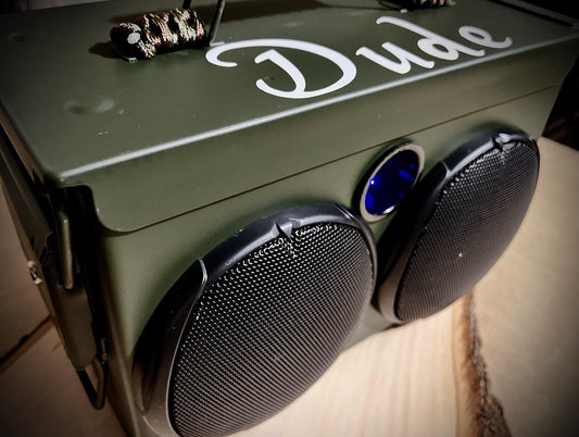 50 CAL AMMO CAN BLUETOOTH SPEAKER IN AMMO CAN GREEN with Custom Lettering and Logo $305.00