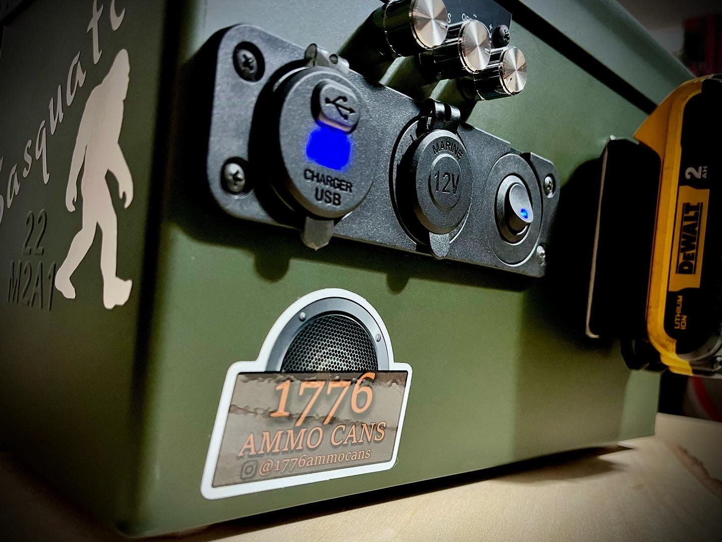 50 CAL AMMO CAN BLUETOOTH SPEAKER IN AMMO CAN GREEN with Custom Lettering and Logo $305.00